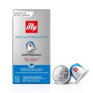 Illy koffeinmentes kapszula A koffeinmentes pörkölt kávé lágy és enyhe ízvilággal, kevesebb mint 0,1% koffeinnel. Tökéletes egyensúlyban a savasság és a keserűség között, finom karamell, csokoládé és pörkölt aromákkal, édes utóízzel. 100% arabica iper illy kapszulaspresso A csomag 10 db alumínium kávékapszulát tartalmaz