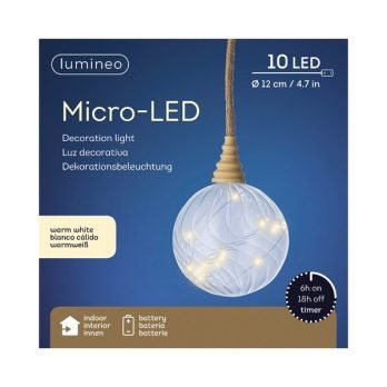 Prémium micro LED karácsonyi gömbdísz pamut kötéllel – 12 cm, 10 LED