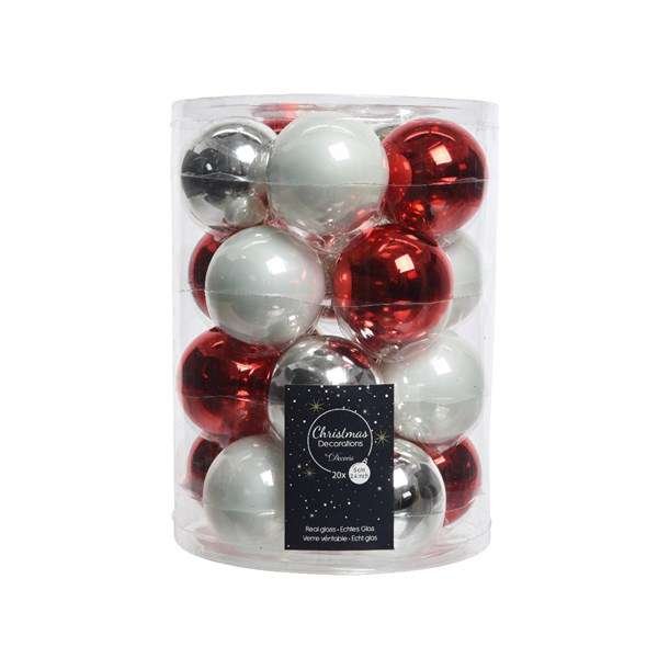 Csillogó, matt üveg karácsonyi gömbdísz mix 6 cm, piros, fehér (20 db/szett)
