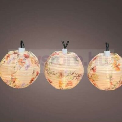 Napelemes lampionfüzér színes (10 virágmintás lampion, 10 meleg fehér LED) V