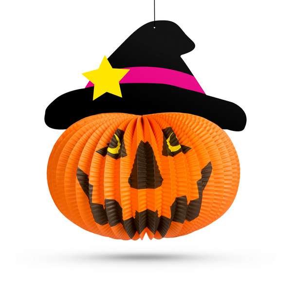 Halloween-i tökös lampion kalapban, akasztható 26 cm