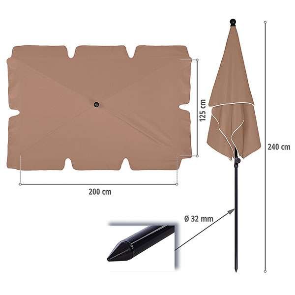 200 x 125 cm alapterületű STILISTA® dönthető napernyő téglalap kivitelben hordtáskával együtt.