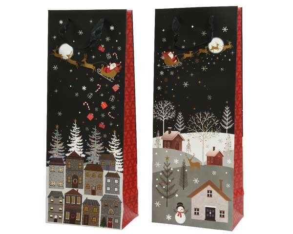 Karácsonyi italos ajándéktasak havas falu Praktikus ajándéktasak az ünnepi alkalmakra. Kartonpapírból készült dekoratív ajádéktáska.